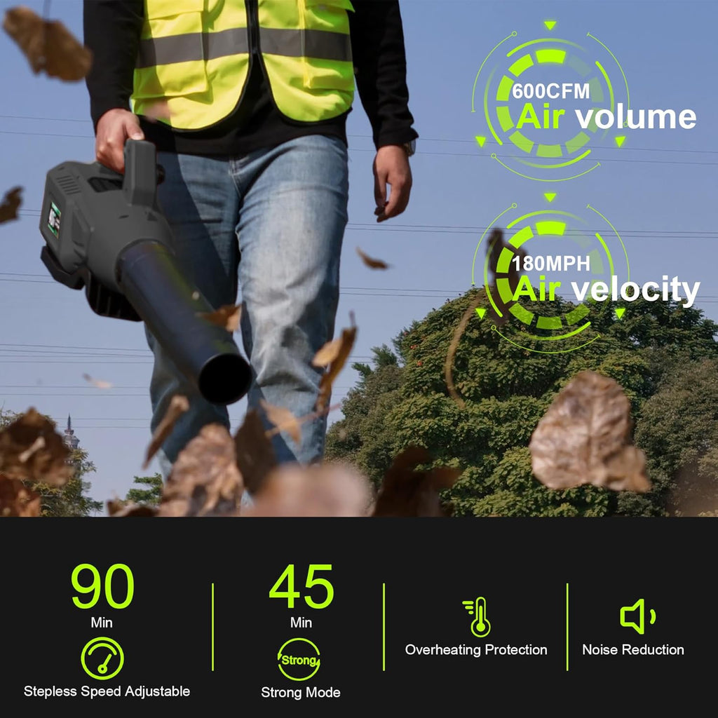 Leaf Blower Cordless with Battery - 40V Powerful Electric Leaf Blower, 600CFM &180MPH and Variable-Speed with 7.5Ah Battery and Charger for Lawn Care, Patio, Dust, Blowing Leaves (Grey)