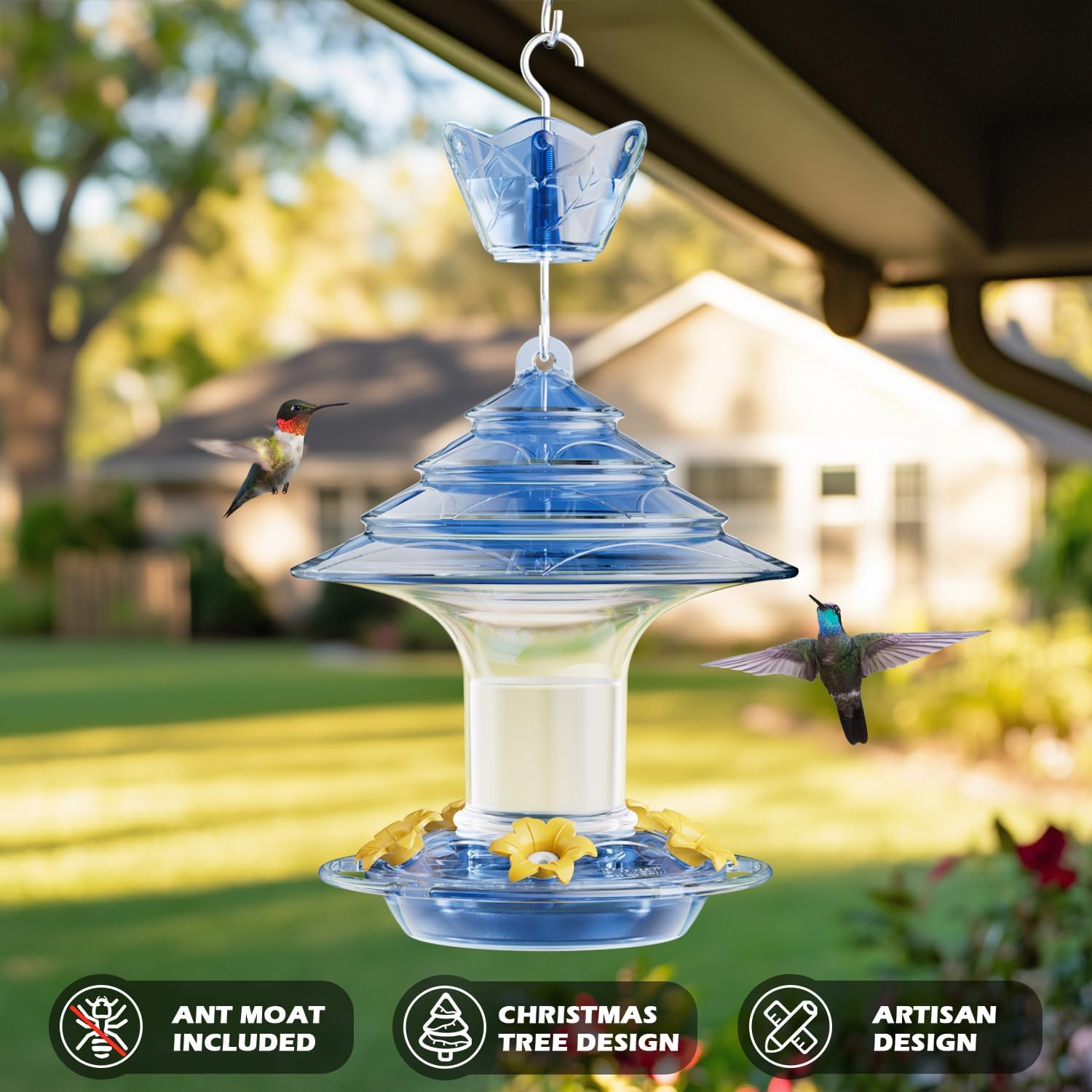 Birdream Hummingbird Feeder for Outdoors Hanging, 20oz Hummingbird Feeders with 5 Bee Guard Feeding Ports & Built-in Ant Moat Brush Leak-Proof for Outside Gifts for Women - Blue