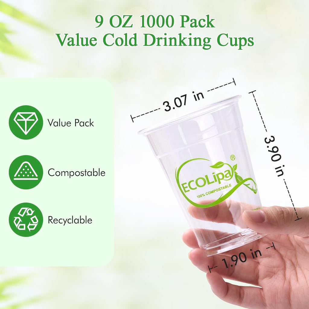 ECOLipak 1000 Count 9 OZ Clear Compostable Plastic Cups, Disposable Plant-Based Biodegradable Drinking Party Cups, PLA Plastic Cold Tumblers for Restaurant, Office, Canteen, Large Gathering