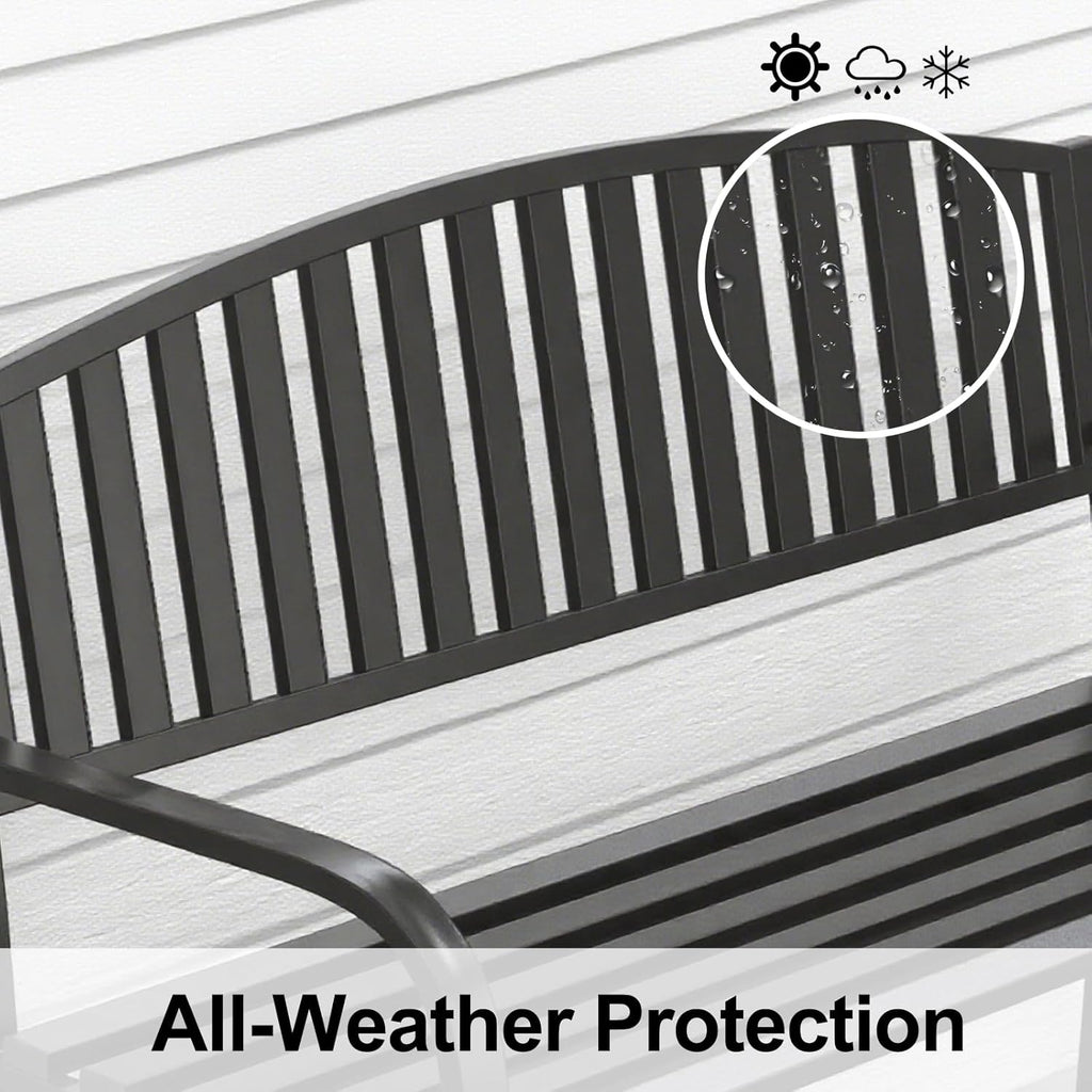 50" Heavy Duty Outdoor Bench, Wrought Iron Weatherproof Garden Bench Black Metal Patio Bench for Park Proch Yard 880lbs