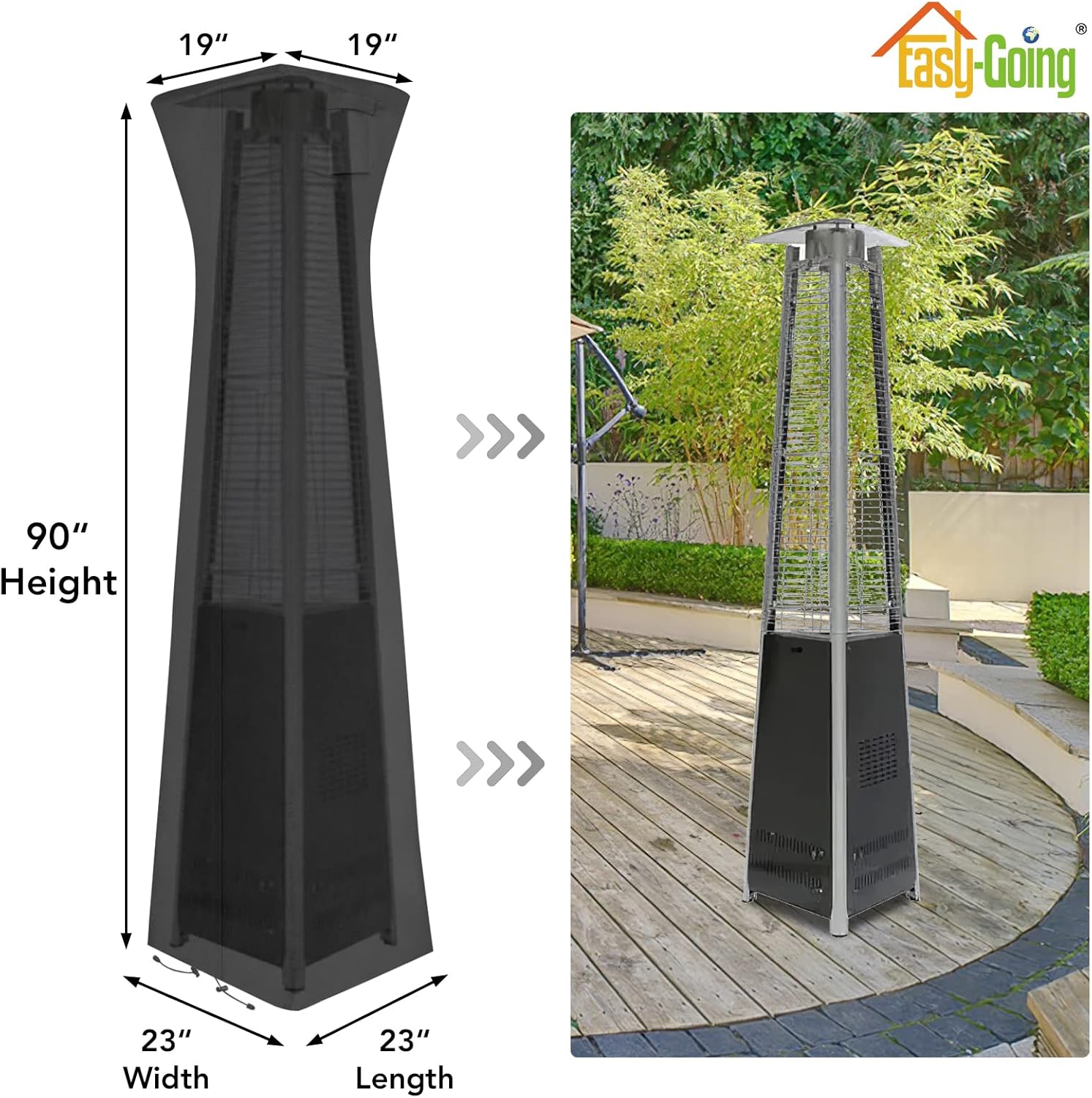 Easy-Going Pyramid Torch Patio Heater Cover with Zipper and Storage Bag, Waterproof Outdoor Heater Cover Dustproof, UV-Resisant, Wind-Resistant (90" H x 23" L x 23" W, Black)