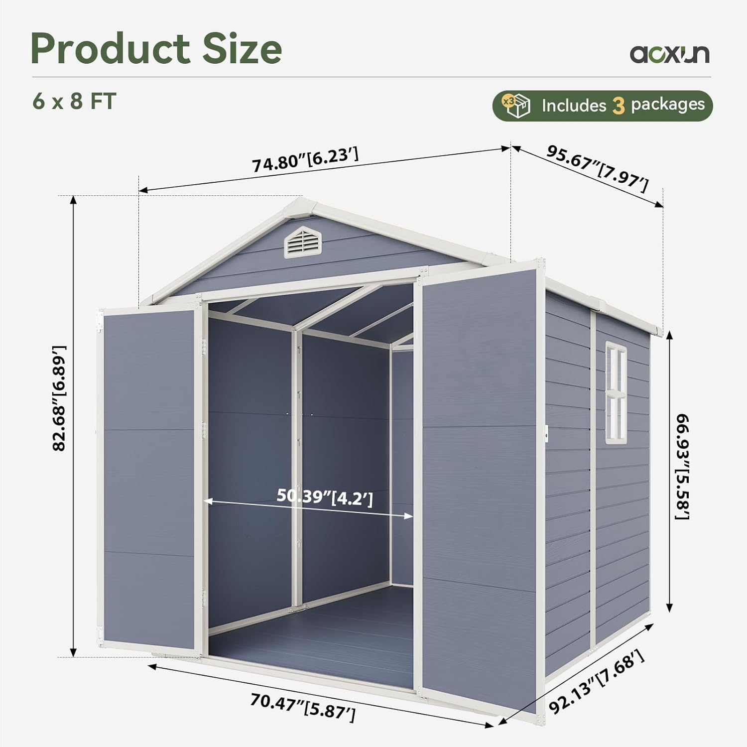 Aoxun 8 X 6.2 FT Resin Storage Shed Outdoor Plastic Large Garden Shed with Lockable Door, Floor for Backyard, Garden, Patio, Lawn, Grey (Grey, 8' x 6.2')