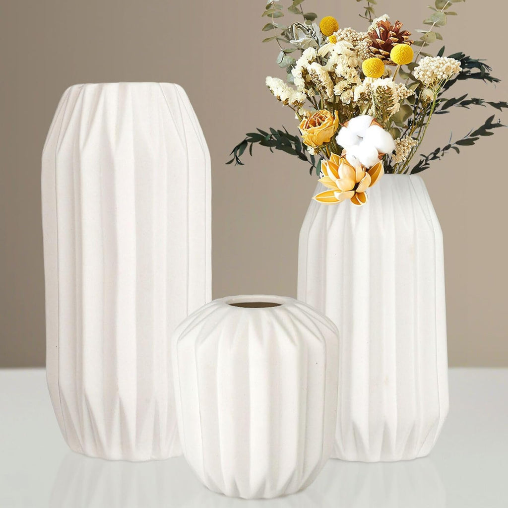 Ceramic Vase Set of 3, White Vase for Modern Home Decor, Decorative Vases for Bouquet Pampas Grass Dried Flowers, Living Room, Bedroom, Bathroom, Shelf Centerpiece Table Decorations