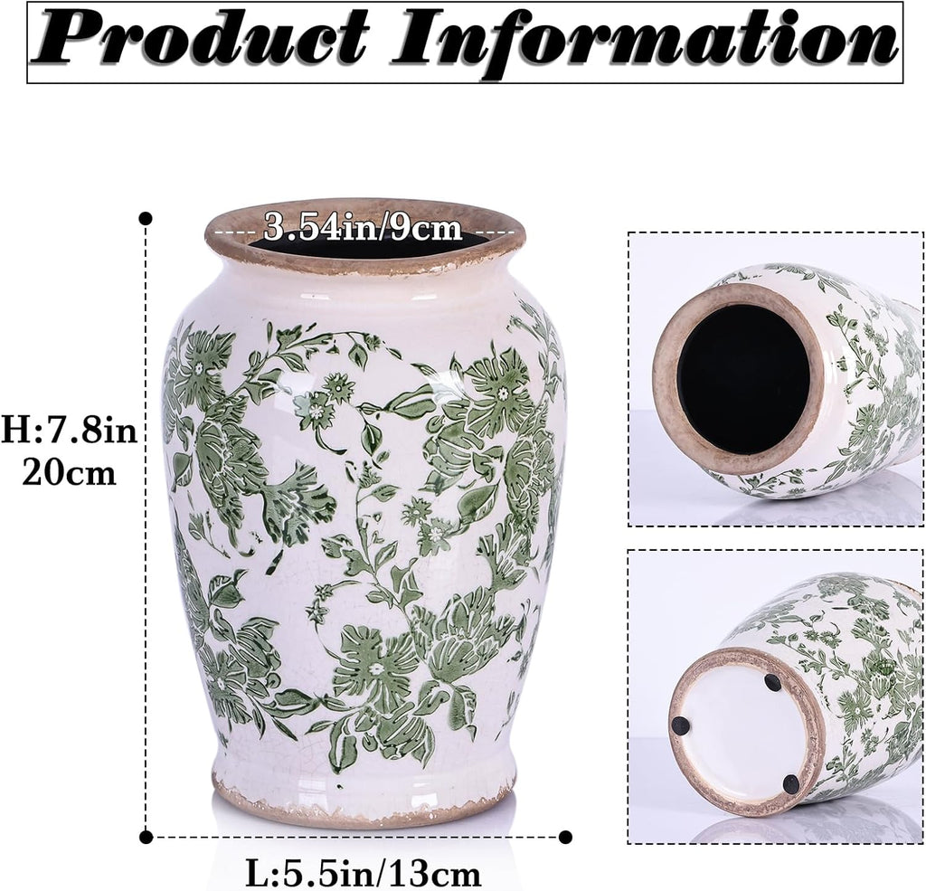 Vintage Vase for Flowers,Green Chinoiserie Ceramic Vase,Rustic Farmhouse Cracked Vases,for Flower Arrangement,Living Room, Office, Shelf, Fireplace Tables,Centerpieces,Chinoiserie Pottery Decor(B)