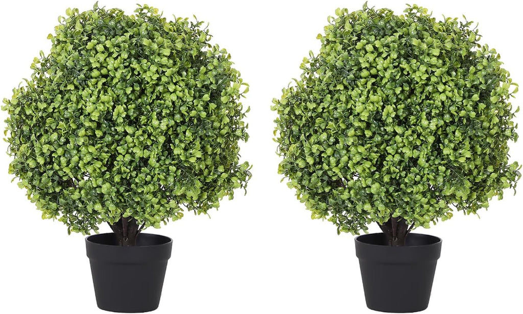 THE BLOOM TIMES 2ft Boxwood Topiary Ball Trees Artificial Outdoor Set of 2, 24" Faux Evergreen Plants Outside UV Resistant Greenery, Fake Potted Bushes and Shrubs for Front Porch Planter Patio Decor