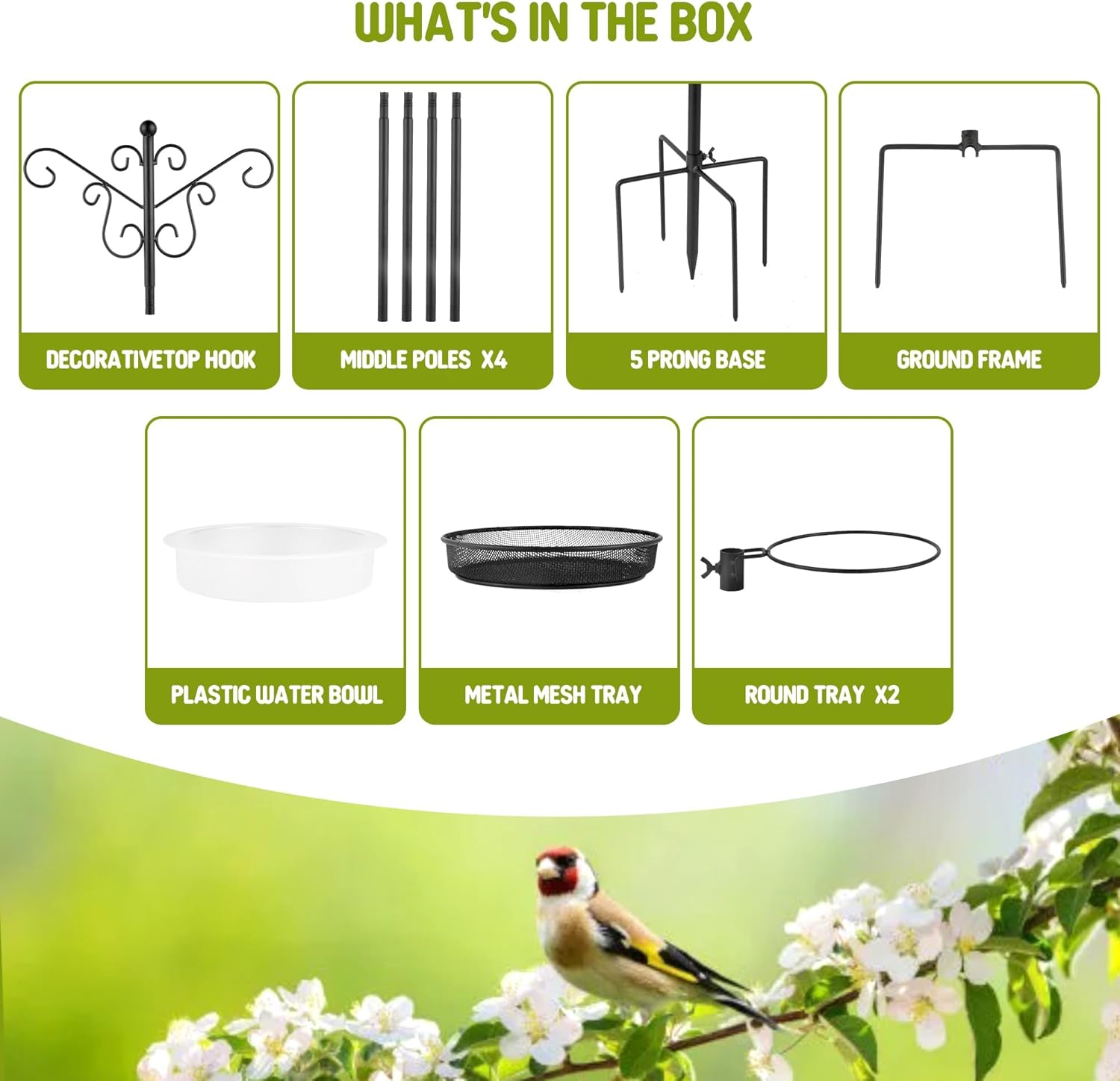 MIXXIDEA Bird Feeding Station Bird Feeder Pole with 5-Prong Base Hanging Hooks Water Bath Mesh Tray Wind-Resistant Water Bowl with Metal Snap Fastening for Outdoors to Attract Wild Birds