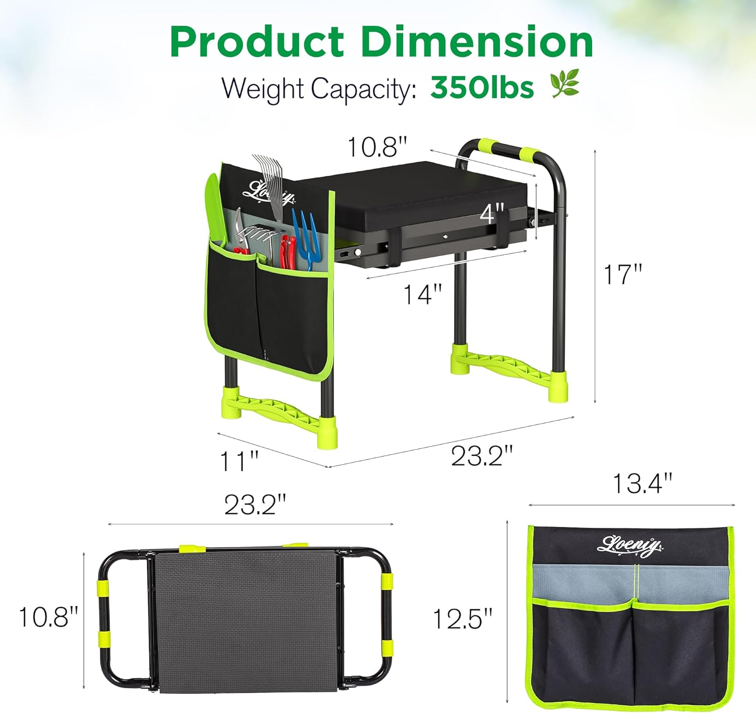 10.8” Wide Garden Kneeler and Seat, Heavy Duty Foldable Gardening Stool with Tool Belt Pouch, Included Thickened Kneeling Pad, Portable Gardening Bench Chair for Seniors & Parents