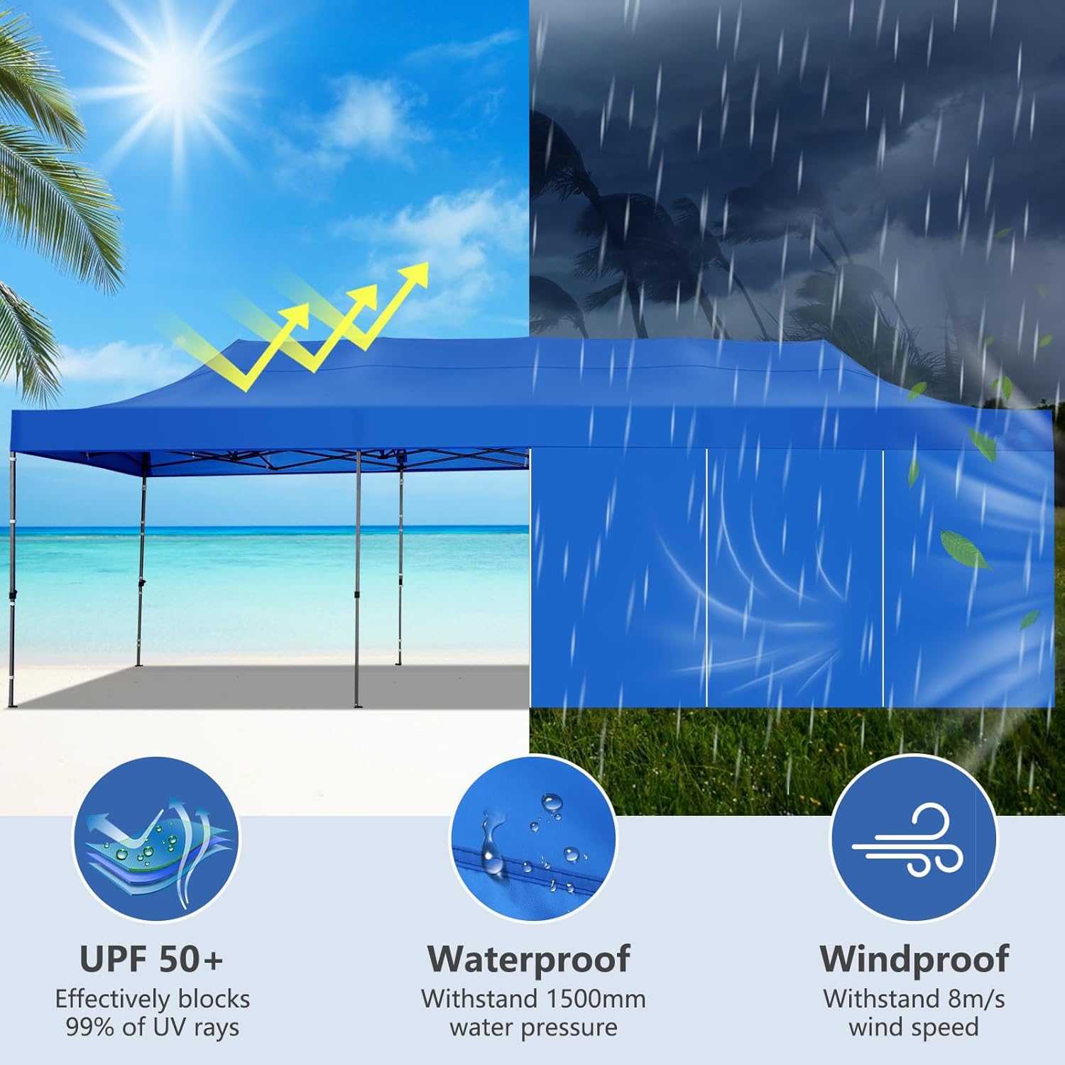 COBIZI 10x30 Pop up Canopy Heavy Duty with 8 Sidewalls, Easy Set-up Commercial Outdoor Party, 100% Waterproof Wedding Canopy Gazebo, 3 Height Adjustable with Wheeled Bag, Blue