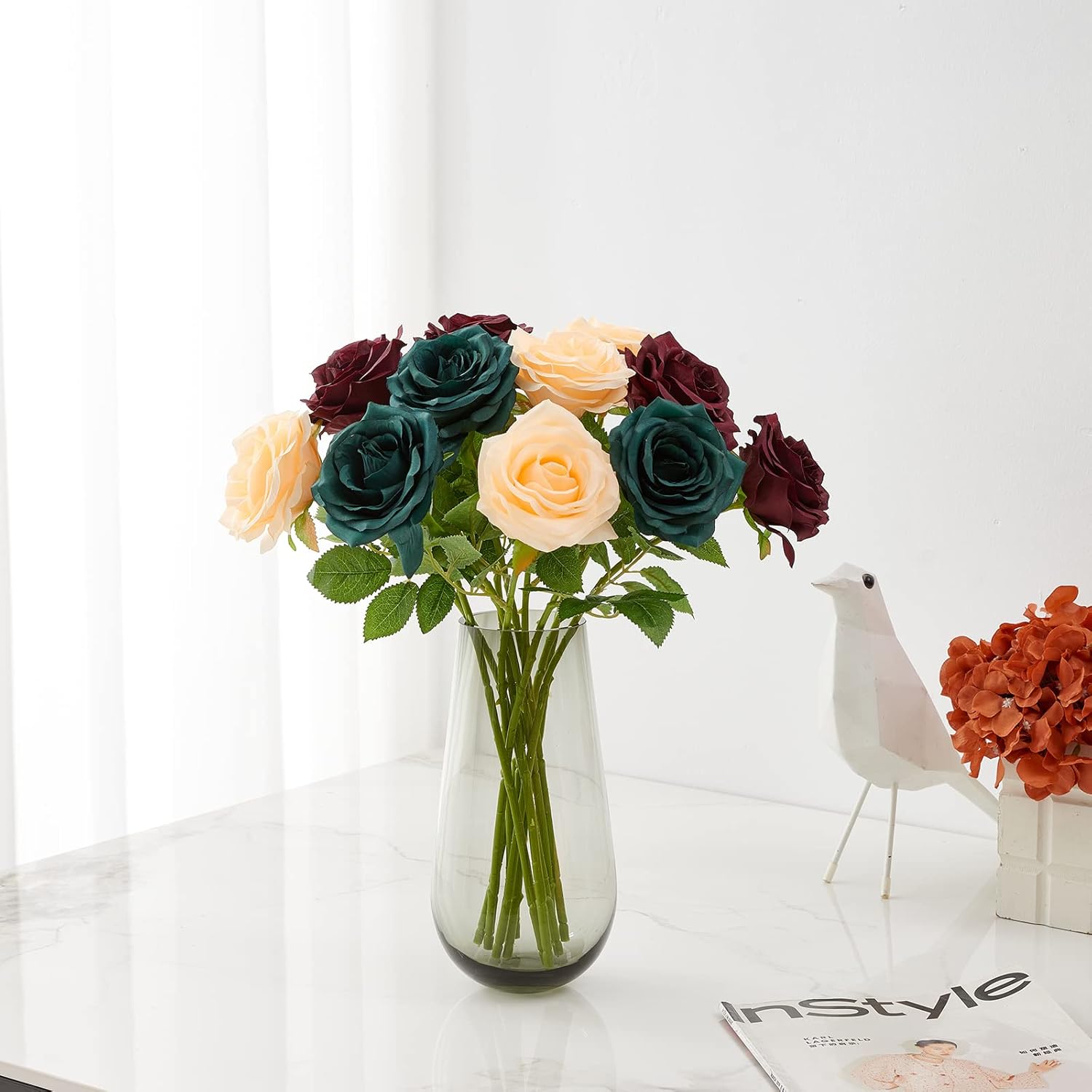 Artificial Rose 10pcs Open Flower Bouquet Faux Rose Stems for Wedding Arrangement, Bridal Bouquet, Centerpiece, Fake Faux Silk Flowers (Burgundy)