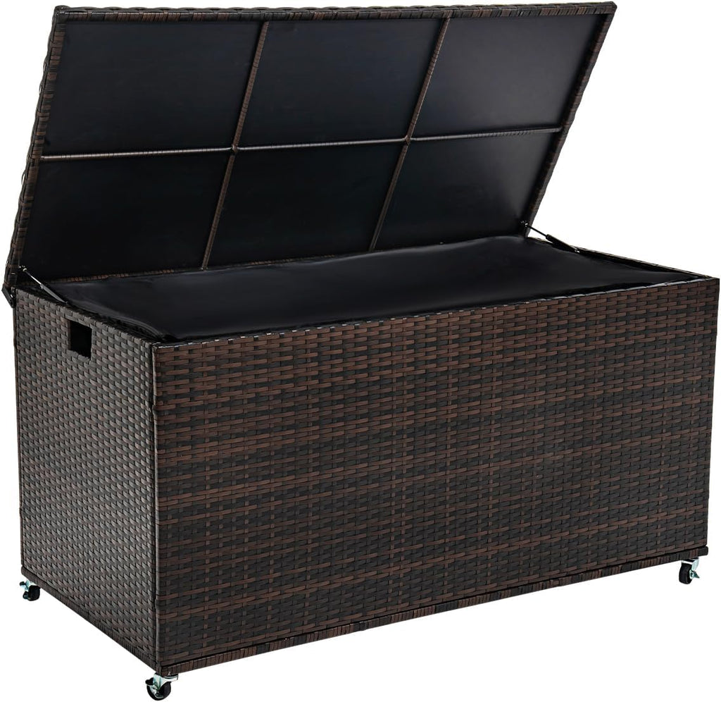 Outdoor 170 Gallon Water-Resistant Wicker Storage Box with Wheels, PE Rattan Deck Box with Waterproof Liner for Outside, Patio Storage Container with Hinged Lid, Horizontal Bin, Brown
