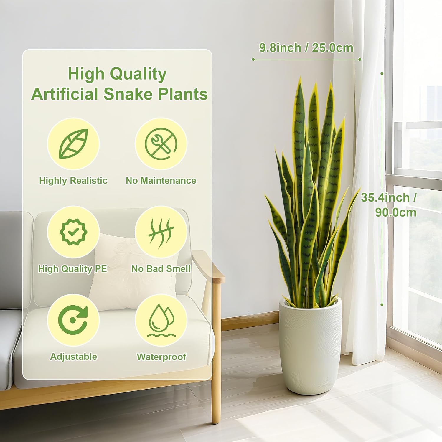 Fake Snake Plant 3ft Tall Faux Sansevieria with 24 Realistic Leaves UV Resistant Potted 2 Pack Fake Mother in Law's Tongue Plants for Indoor Outdoor Home Office Bedroom or Patio Decoration, Yellow