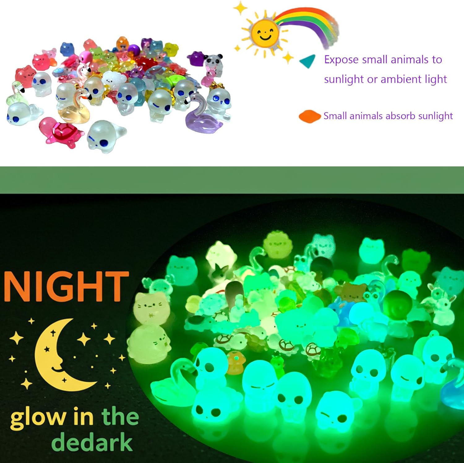 115 Pcs Glow-in-Dark Mini Resin Animals Miniature Animals Figurines Tiny Little Glow in Dark Small Animal Figures to Hide Mini Animals Micro Landscape Ornaments Fairy Garden Accessories