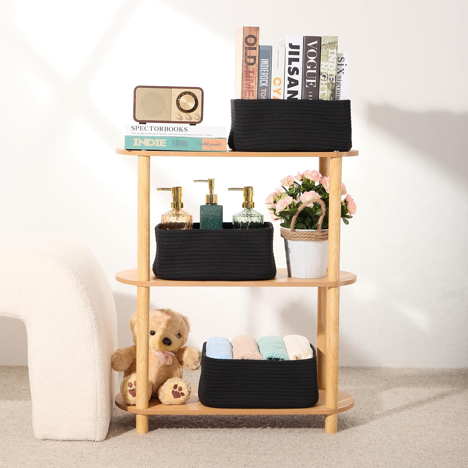 Small Storage Baskets for Organizing | Closet Organizer Bins | Shelf Toy Basket | Woven Rope Baskets | Cube Decorative Box | Shallow Basket | 11.5x7.5x4.7” | 3 Packs Black