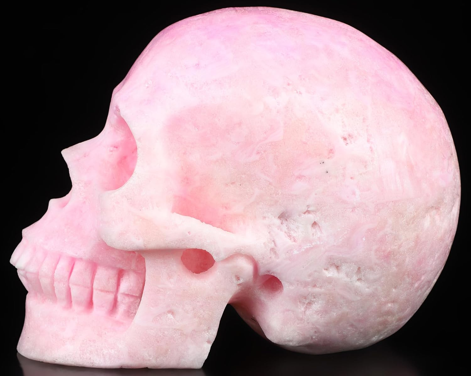 Skullis 5.1" Pink Aragonite Crystal Skull, Hand Carved Gemstone Fine Art Sculpture, Reiki Healing Stone Statue.1469