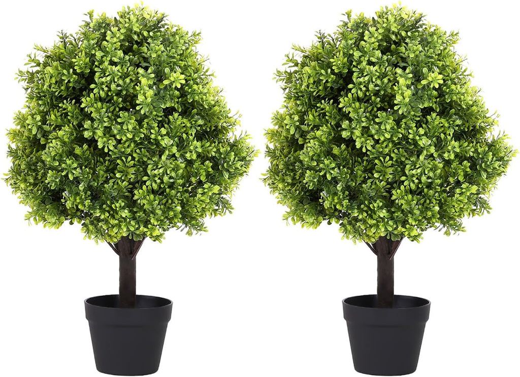 27“ Realistic Artificial Boxwood Topiary Trees Set of 2, Faux Boxwood Plants Outdoor UV-Resistant, No Maintenance Curb Appeal Fake Evergreen Bushes & Shrubs for Front Porch Outside Planter Decor