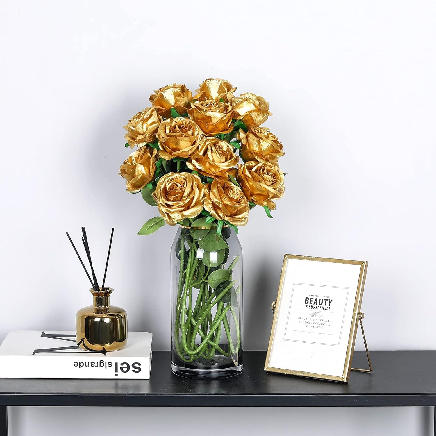 Hawesome 12PCS Artificial Silk Flowers Realistic Roses Bouquet Long Stem for Home Wedding Decoration Party (Gold-1)