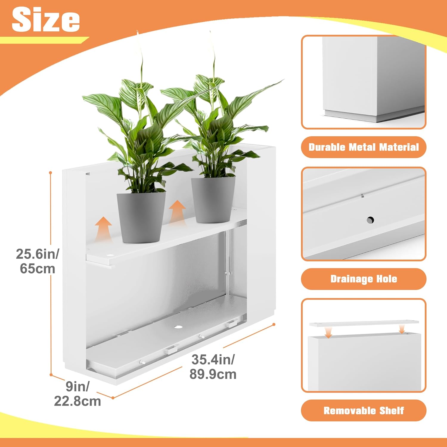 Rectangle Planter for Indoor & Outdoor, Tall and Long Planter Boxes with Drainage Holes, Mental Divider Planter Box All-Weather Use for Plants, Flowers, 35" L x 9" W x 26" H, White