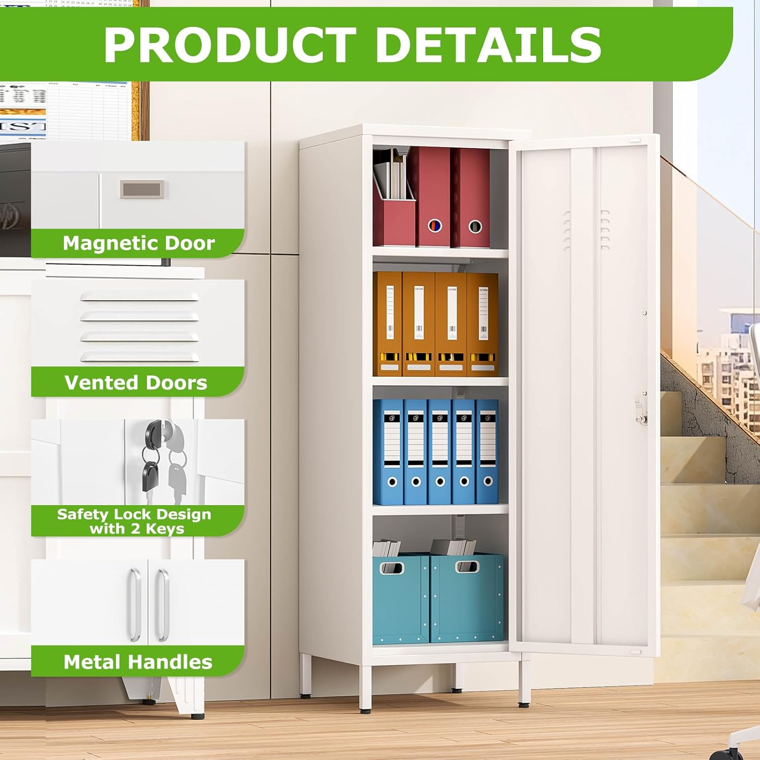 47" Metal Storage Locker, Lockable Employees Metal Locker with Door and Adjustable Shelves, Steel Locker for Home, School, Office, Gym (White)