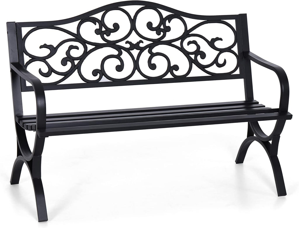 Sophia & William 50" Outdoor Garden Bench Patio Park Bench, Cast Iron Metal Frame Furniture with Floral Design Backrest for Porch Yard Lawn Deck, Black