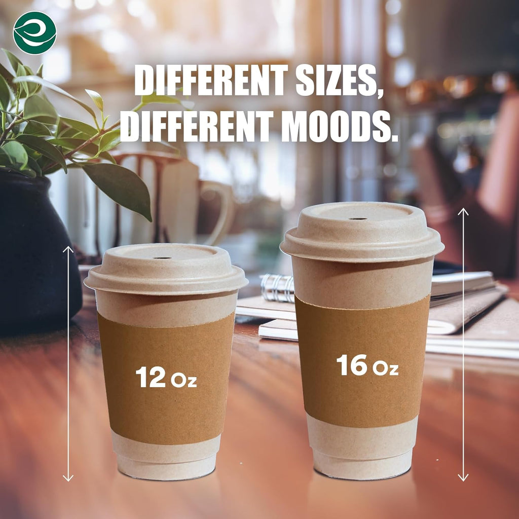 ECO SOUL 100% Compostable Coffee Cups With Lids & Sleeves - 16Oz (100 Counts) To Go Coffee Disposable Bagasse Cups |Sturdy & Eco-Friendly Cups for Cafes, Party, Office