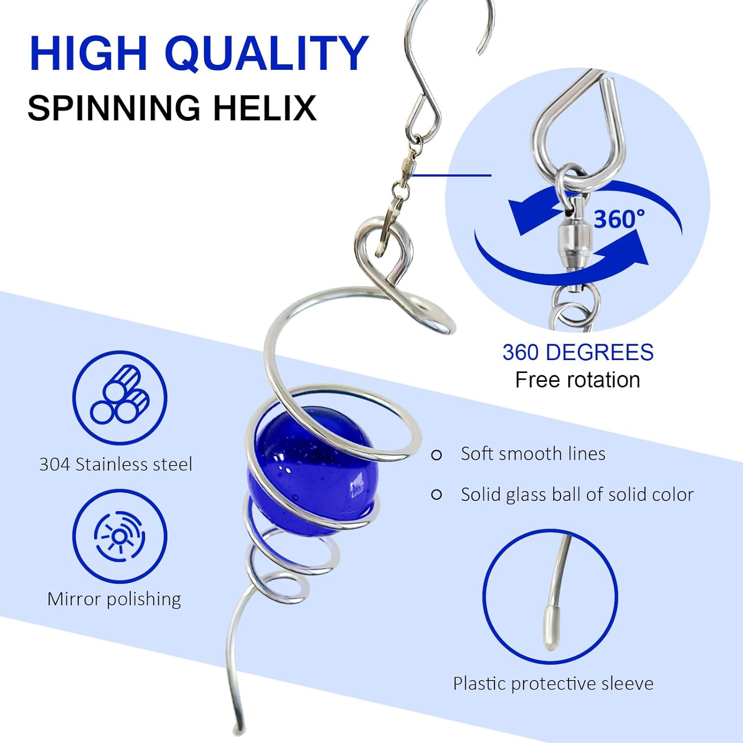 Gazing Ball Spiral Tail,Wind Spinner Tail with Dark Blue Glass Orb,Wind Spinners Stabilizer,Visual Illusion in Spinning Hanging Rotating Art Decor,Indoor Outdoor Garden Decoration-13in