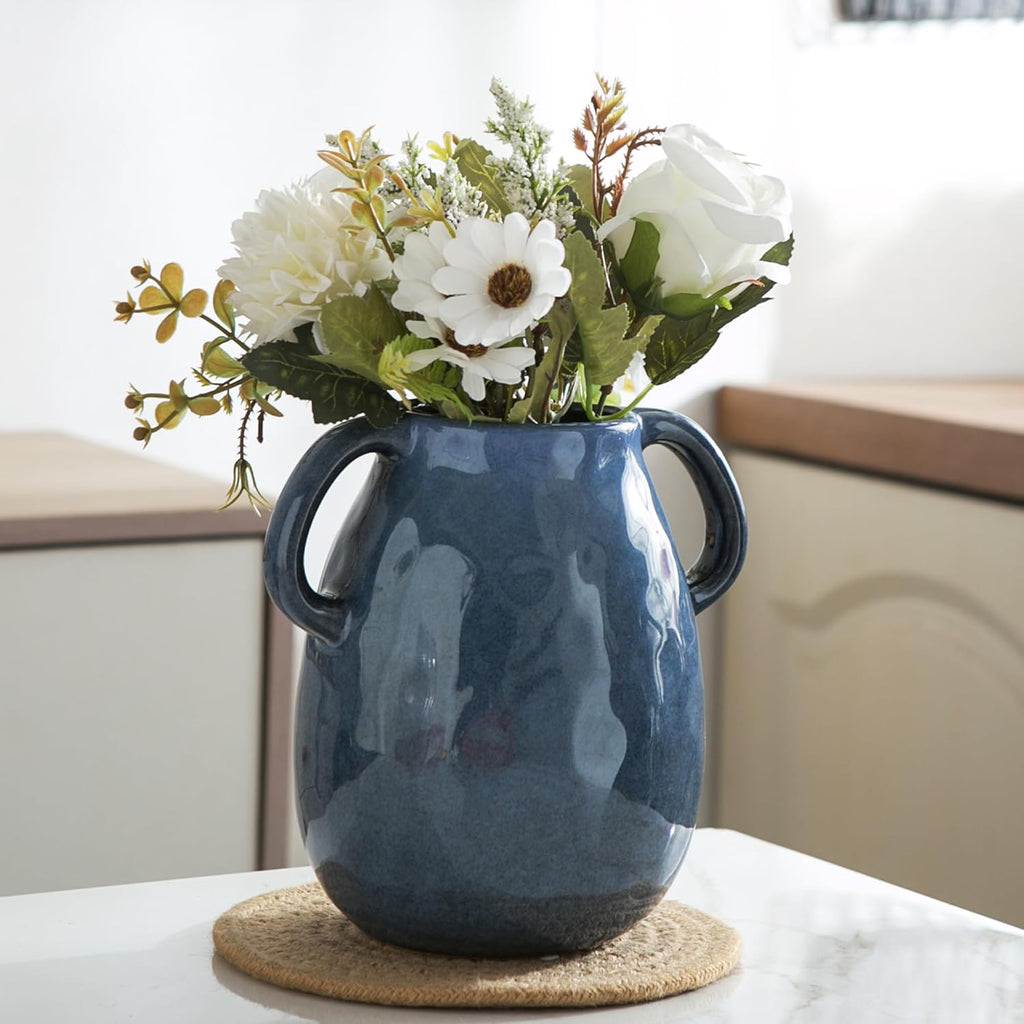 Blue Ceramic Vase with 2 Handles - Modern Farmhouse Rustic Terracotta Decorative Clay Boho Vase for Pampas Grass and Home Decor