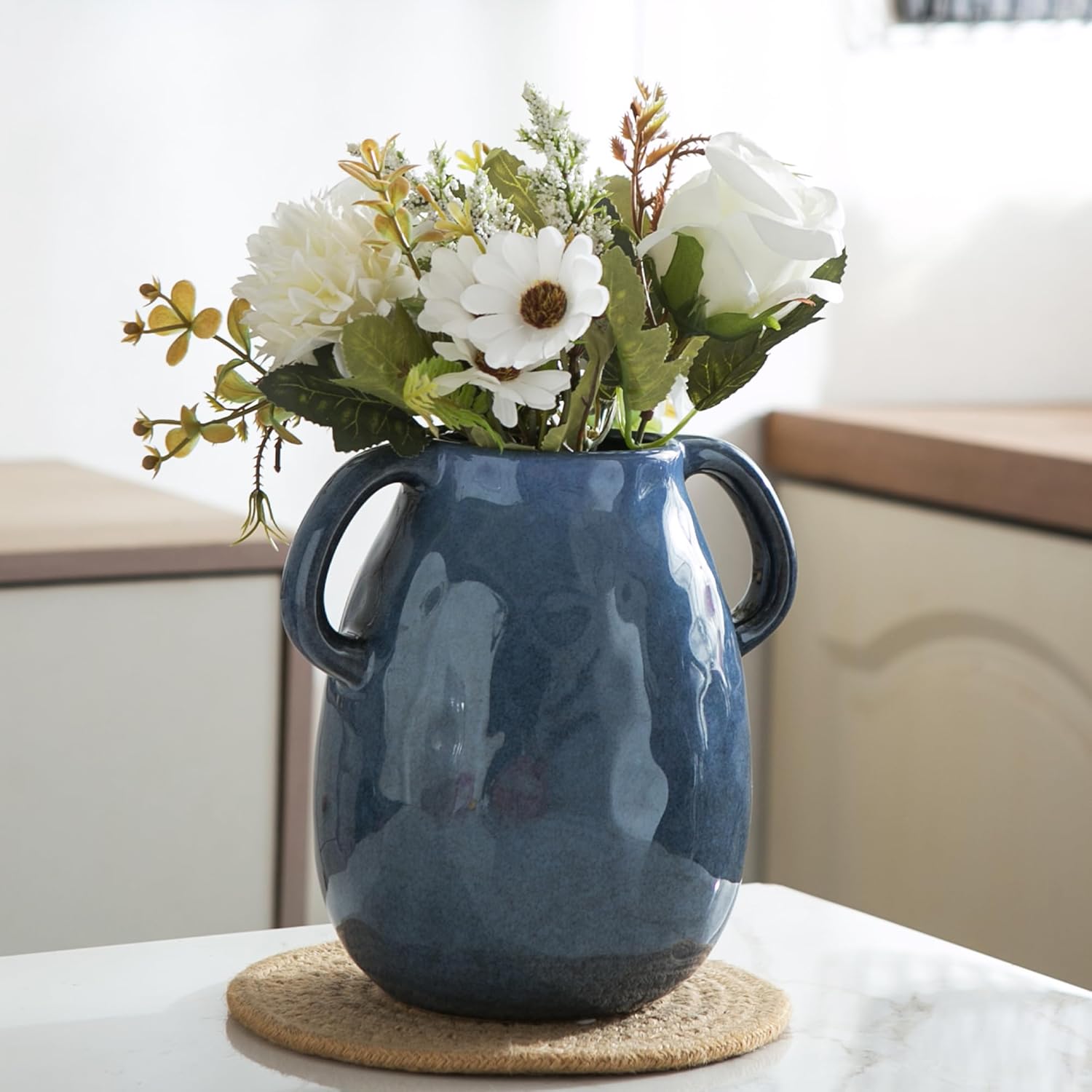 Blue Ceramic Vase with 2 Handles - Modern Farmhouse Rustic Terracotta Decorative Clay Boho Vase for Pampas Grass and Home Decor