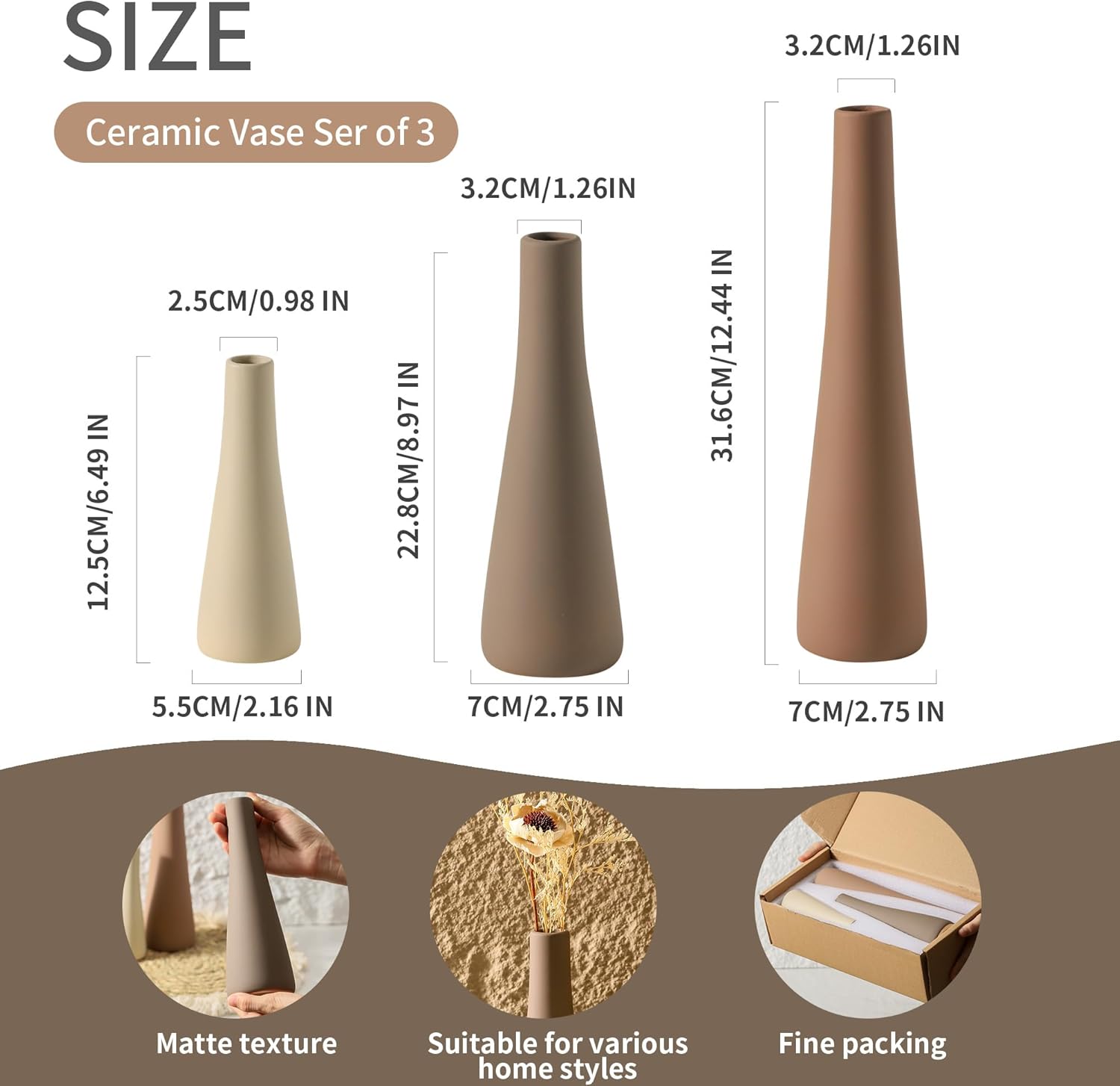 Ceramic Vase Set of 3, Modern Farmhouse Vases Home Decor Neutral Pottery Vase Pampas Grass Flower Vases for Home Decoration Room Decor Table Entryway Living Room Centerpieces Mantel Decor - Brown