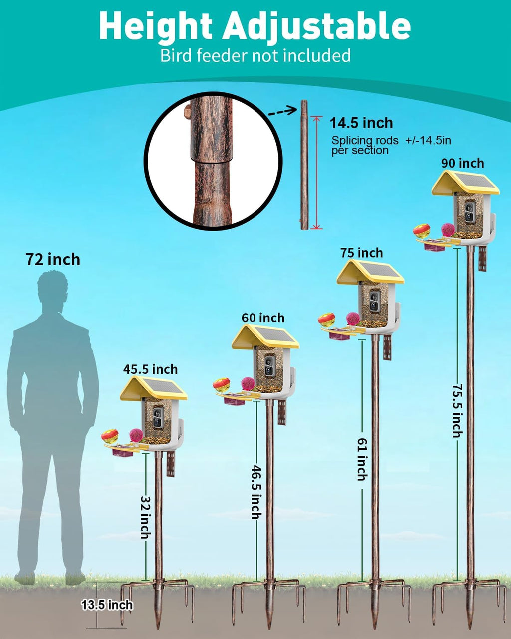 Bird Feeder Pole – 90 Inch Height Bird House Pole with 1-Inch Dia Heavy Duty for Birdfeeders, Feeding Stand with Mount Kit for Outdoor, Slip-Fit Connection, Copper Brushed