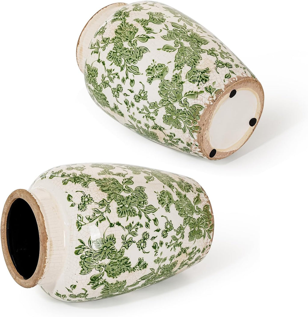 Sungmor Ceramic Flower Vase, Vintage Ice Cracked Glaze Porcelain Vase, Pretty Home Decor Vase for Flower Arrangement, Fresh Flowers, 10.2 Inch Tall Chinoiserie Pottery Vase, Green Floral Pattern