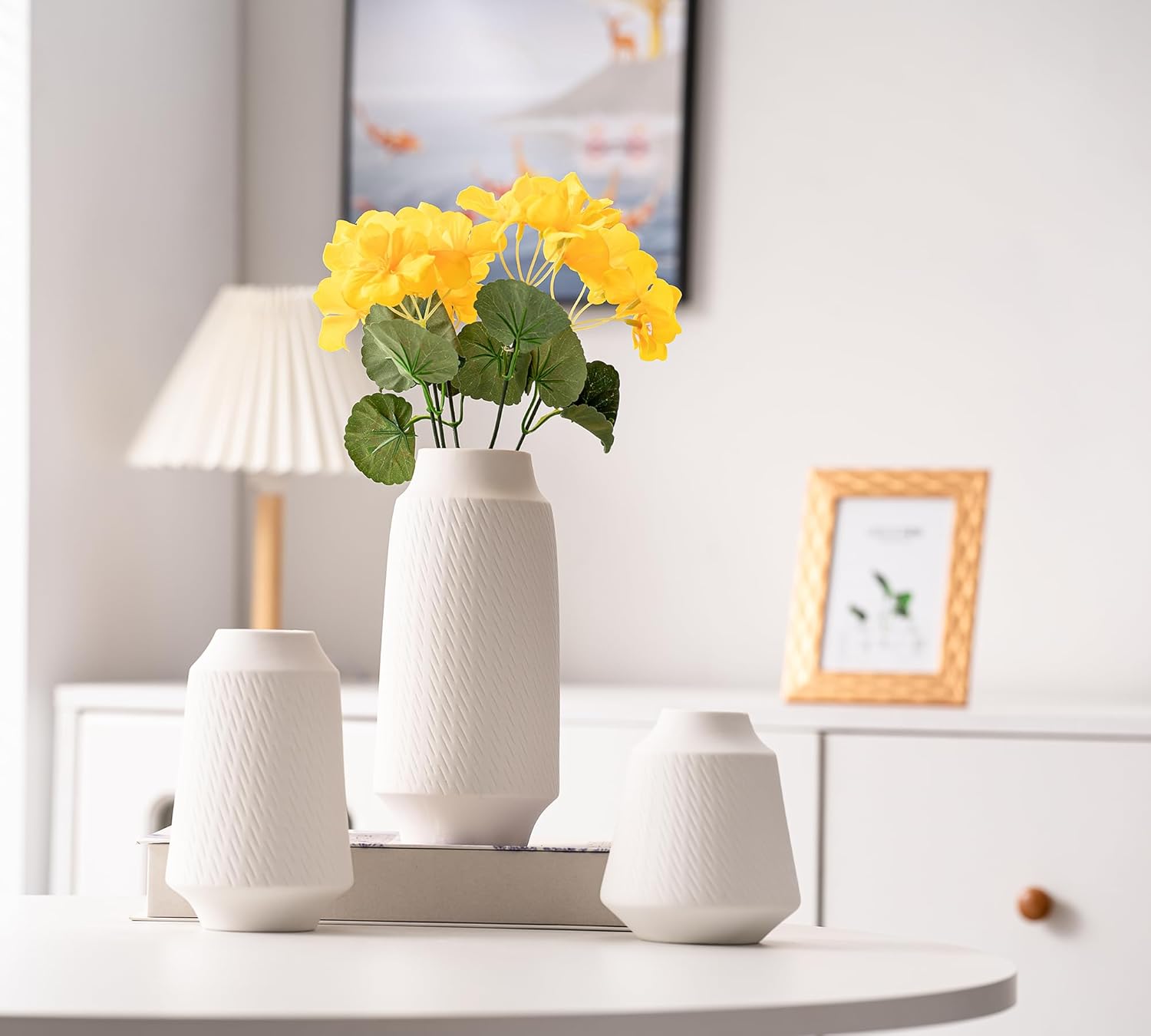 Ceramic Vase Set of 3, Modern Multicolor Pattern Flower Vases for Home Decor, Office, Centerpieces, Boho Farmhouse Style (White)