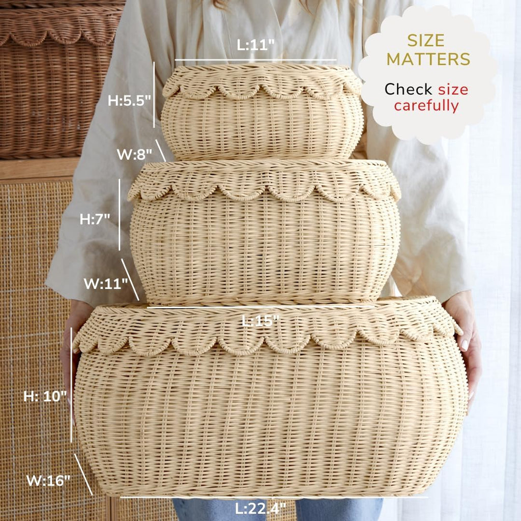 BEBE BASK Large Scalloped Basket Set Of 3 - Hand-Woven & Award-Winning Scallop Basket - XL - Extra Large for Blankets 22 x 16 x 10 In - Elegant Wicker With Scalloped Edge Lid (Natural)
