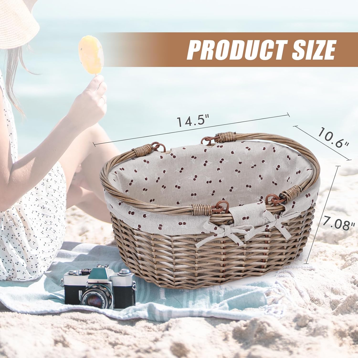 G GOOD GAIN Oval Picnic Basket with Folding Handles, Willow Hand Woven Shopping Basket, Bath Toy Kids Toy Storage Gift Packing Basket, Wicker Empty Easter Eggs and Candy Small Gift Basket. Beige