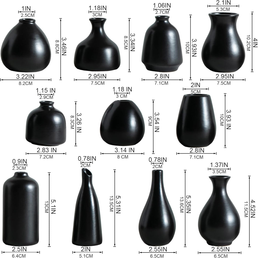 JOJUNO Black Bud Vases, Small Ceramic Vase Set of 11, Mini Pottery Vases for Flowers, Decorative Pieces for Home Modern Decor, Boho Decor, Chic Accents for Living Room Dining Table Shelves