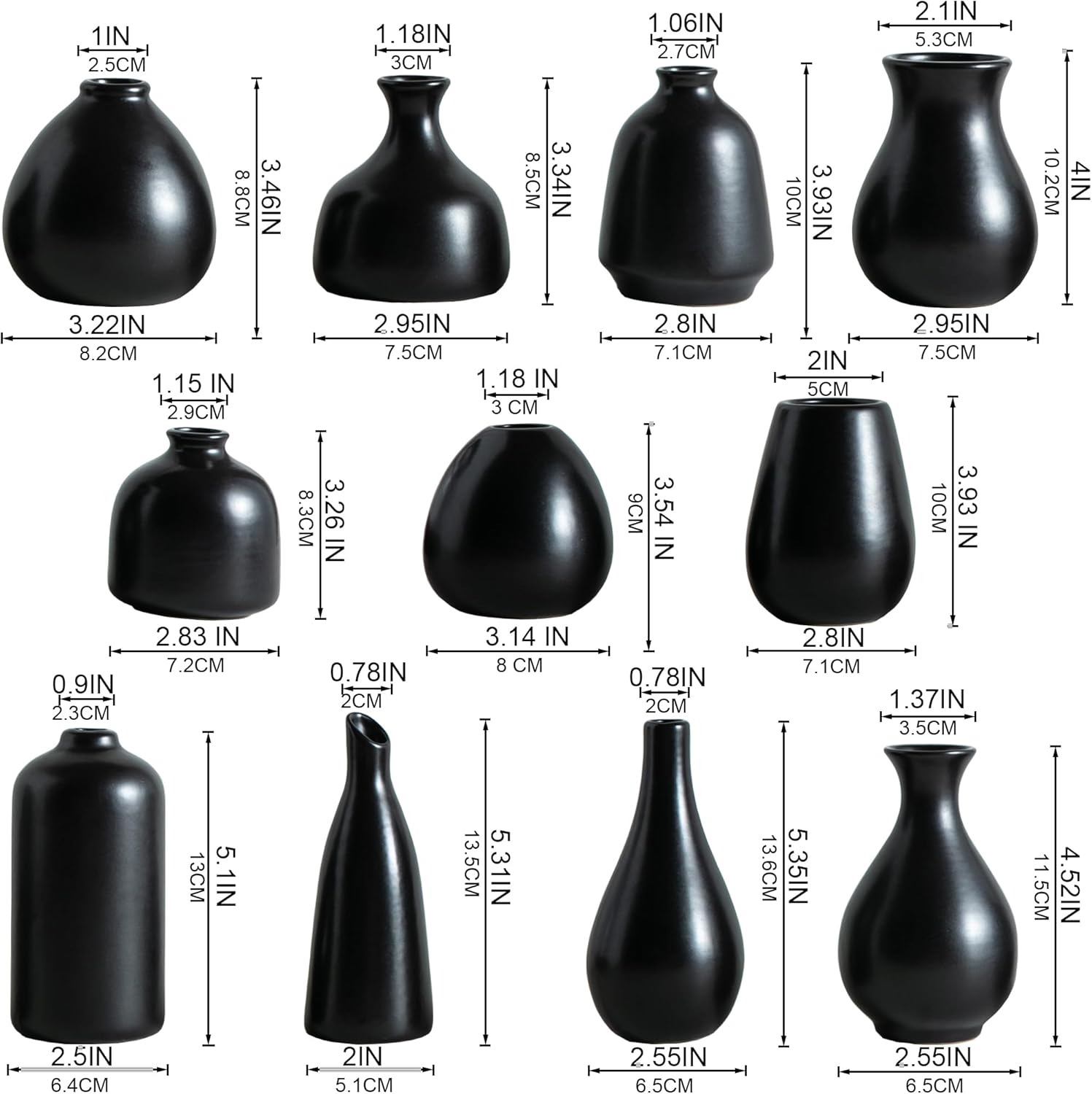 JOJUNO Black Bud Vases, Small Ceramic Vase Set of 11, Mini Pottery Vases for Flowers, Decorative Pieces for Home Modern Decor, Boho Decor, Chic Accents for Living Room Dining Table Shelves