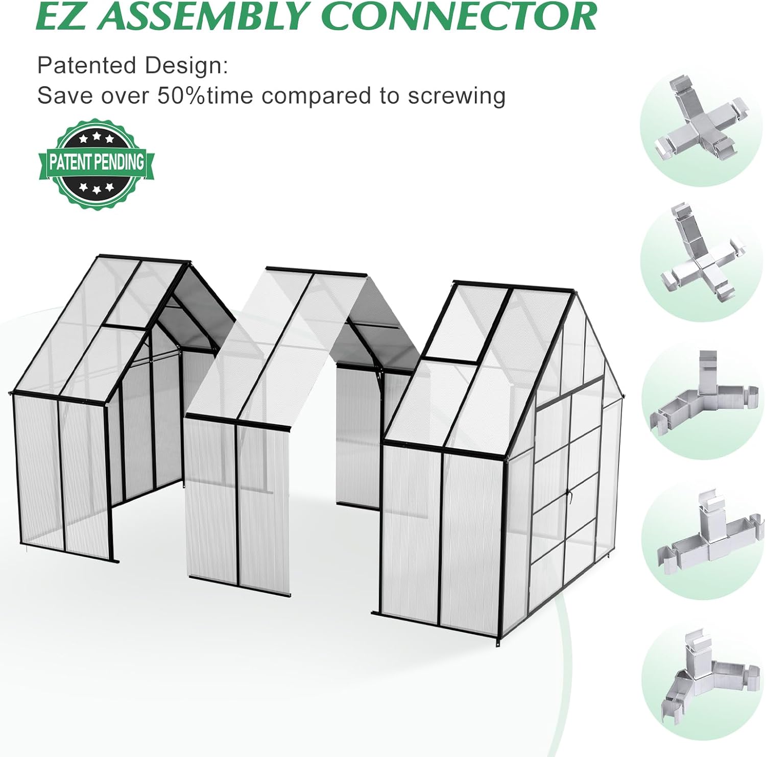 10x10x12 FT Heavy-Duty Greenhouse 2.0 with Polycarbonate Panels, Swing Door, Hinged Roof Vent, and Rain Gutters for Outdoor Use, Aluminum Black