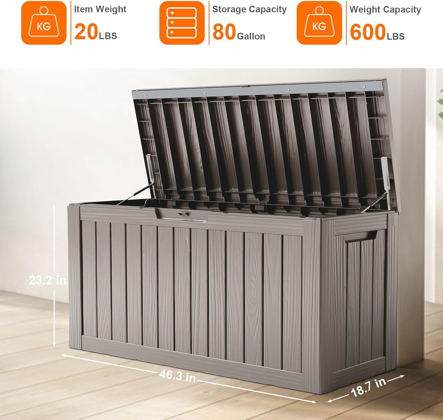 80 Gallon Resin Deck Box, Lockable Patio Outdoor Storage Box for Furniture, Garden Tools and Tools Storage, Waterproof Outside Storage Boxes - Grey