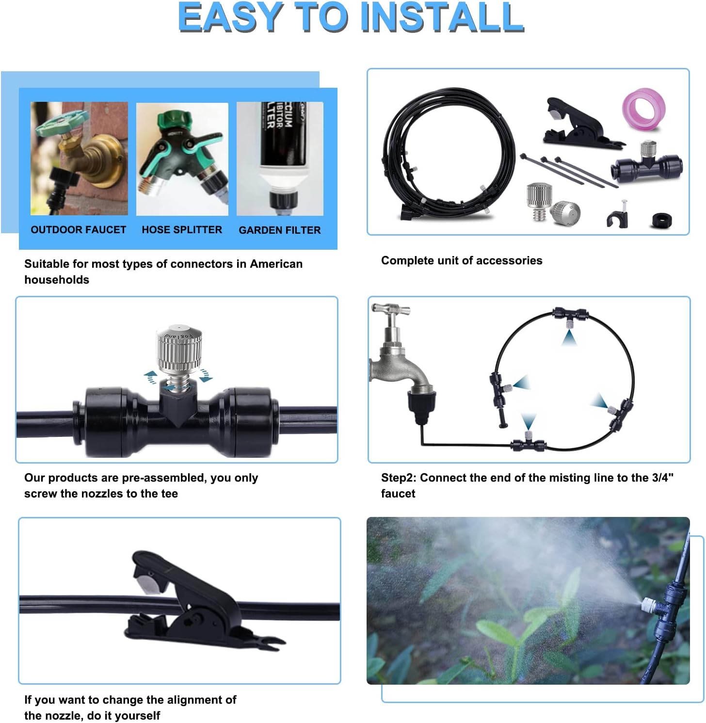 Fogalnd Patio Misting System : Outdoor Misting System 49ft Misting Cooling System with 16pcs 0.024" Orifice Thread Stainless Steel Misting Nozzle for Garden Greenhouse Gazebo