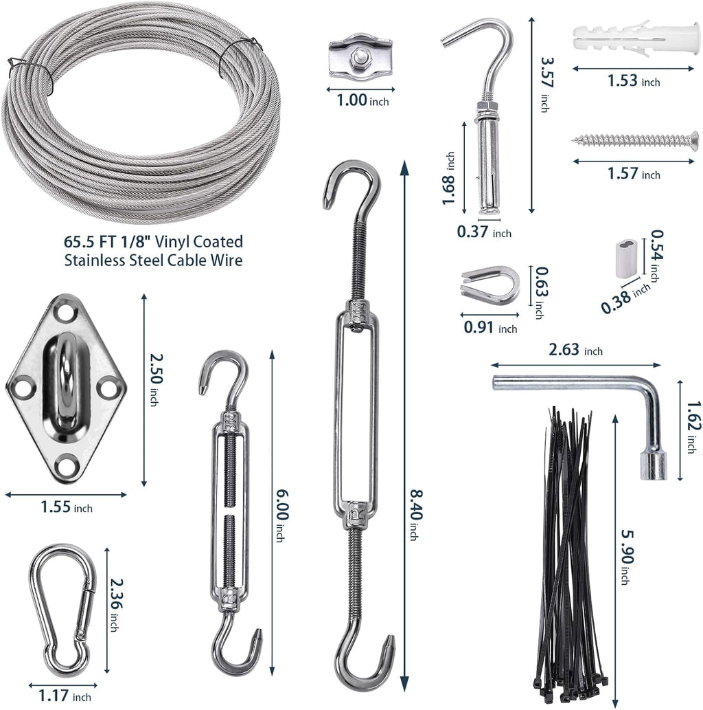 Shade Sail Hardware Kit 6 inch with 65.5FT 1/8" Wire Rope Kit for Triangle Rectangle Sun Shade Sail Outdoor Installation turnbuckles for Cables Wire for Outdoor,Garden,Kitchen,Craft,123PCS