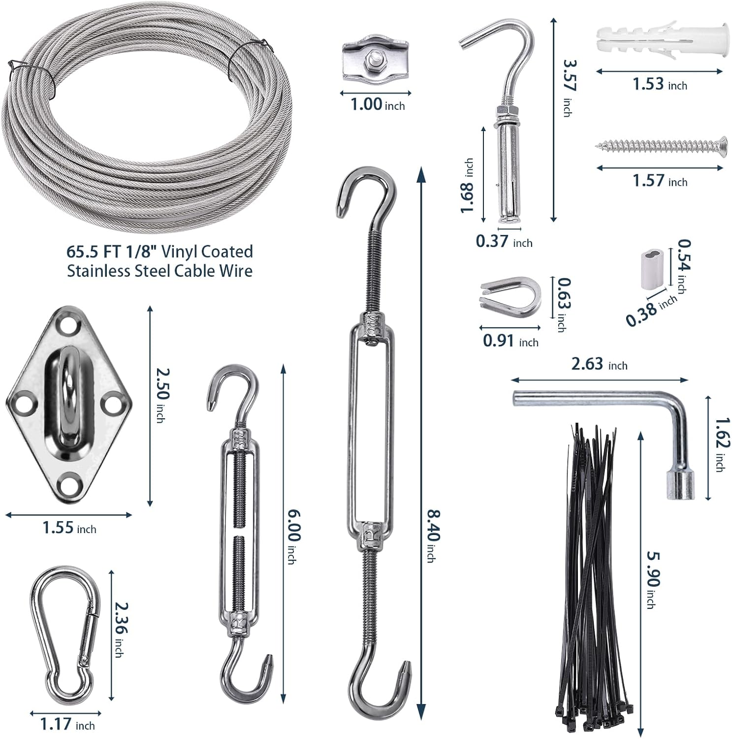 Shade Sail Hardware Kit 6 inch with 65.5FT 1/8" Wire Rope Kit for Triangle Rectangle Sun Shade Sail Outdoor Installation turnbuckles for Cables Wire for Outdoor,Garden,Kitchen,Craft,123PCS
