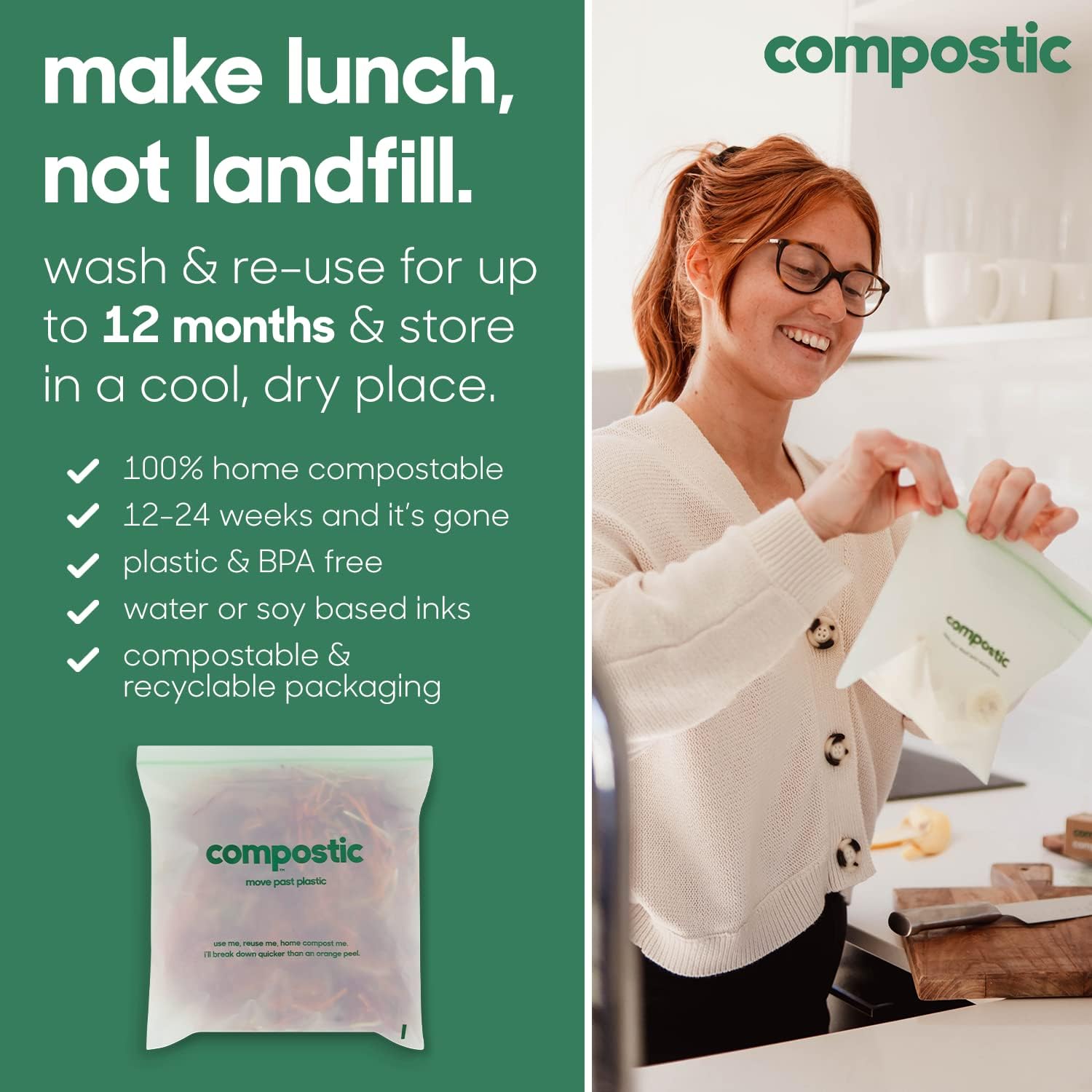Home Compostable Resealable Gallon Bags (10.5"x10.5"), Microwave & Freezer Safe, Organic Food Storage Container, 100 Count (Pack of 1)