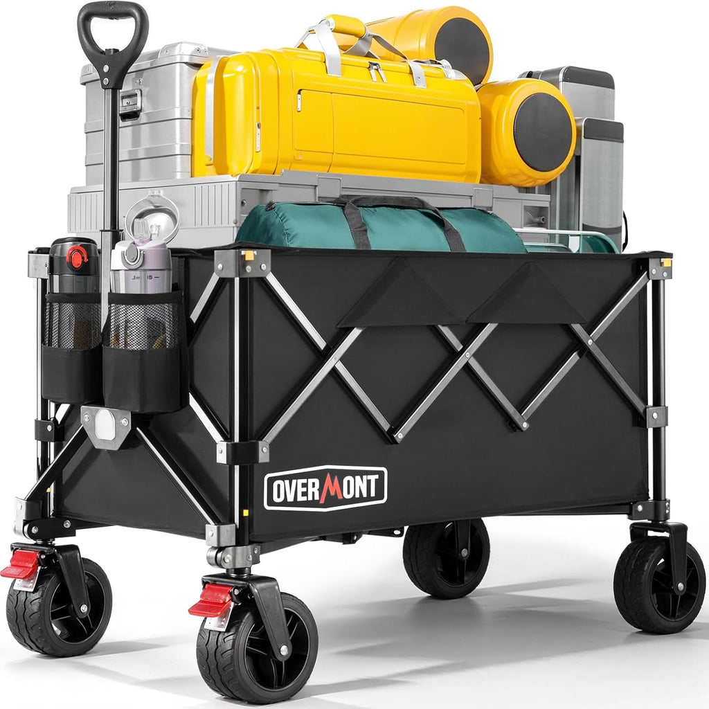 Overmont Ultra-Compact Collapsible Wagon Cart -200L Portable Folding Wagon with All-Terrain Wheels Utility for Beach, Grocery Shopping, Camping, and Gardening – 330lbs Load Capacity Black