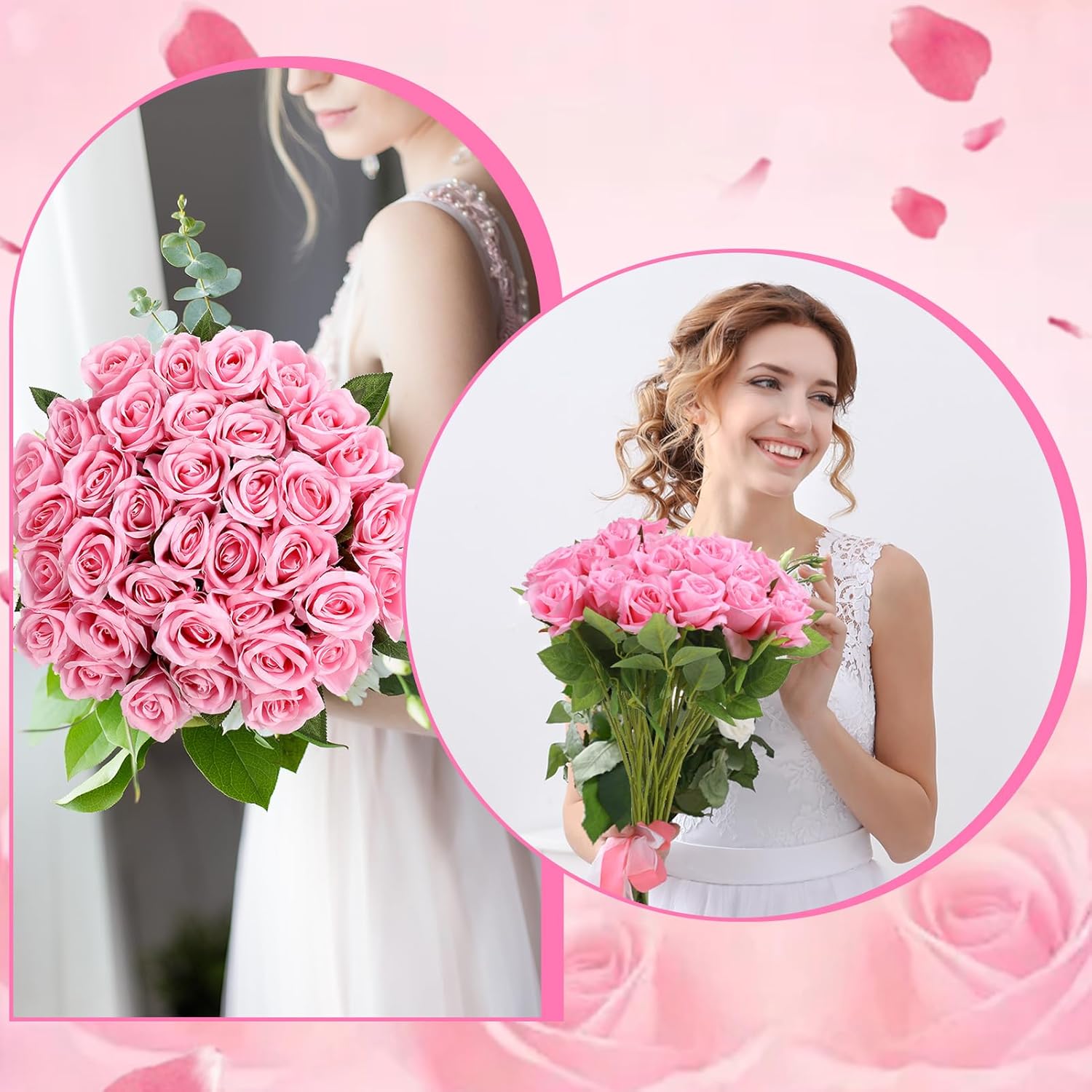 36 Pcs Silk Pink Roses Bouquet Bridal Artificial Flowers Mothers Day,Fake Rose Long Stem Realistic Artificial Flowers Bulk for Wedding Bouquet Ball Arrangement Centerpiece Party Decor