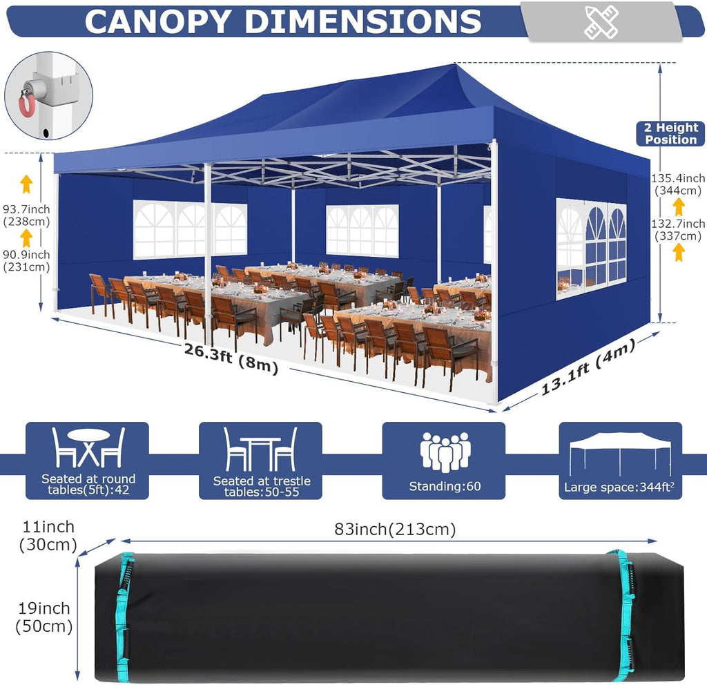 COBIZI 13x26 Pop up Heavy Duty Canopy Tent with 6 Sidewalls, Upgrade Comercial Large Space Stability, 550D Oxford Fabric Waterproof PU-Coated, Outdoor Tents for Party, Market, Wedding, Patio