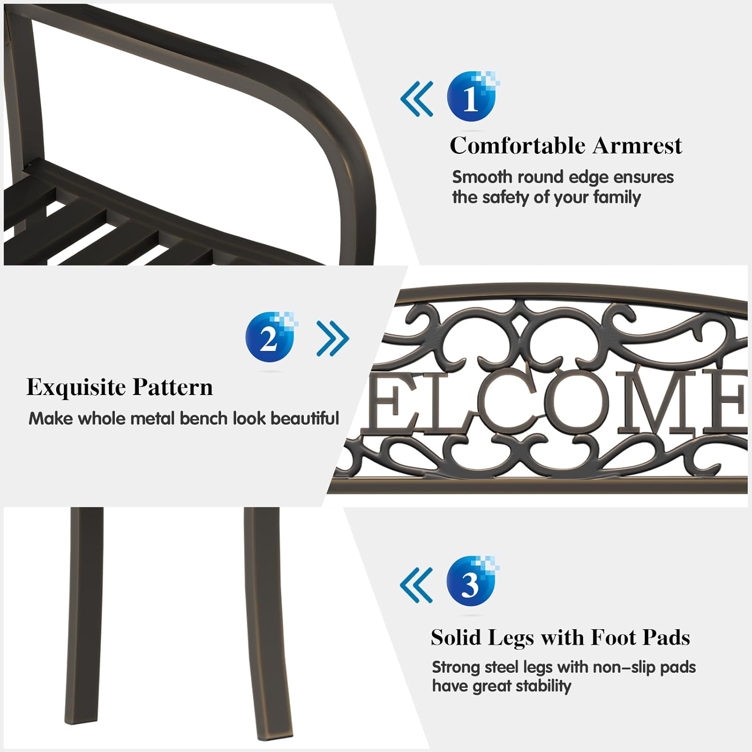 On Shine 50'' Patio Garden Bench, Loveseats Patio Park Bench,Black Steel Cast Iron Frame Bench,Metal Bench Outdoor for Porch Yard Lawn Deck (Bronze-Welcome)