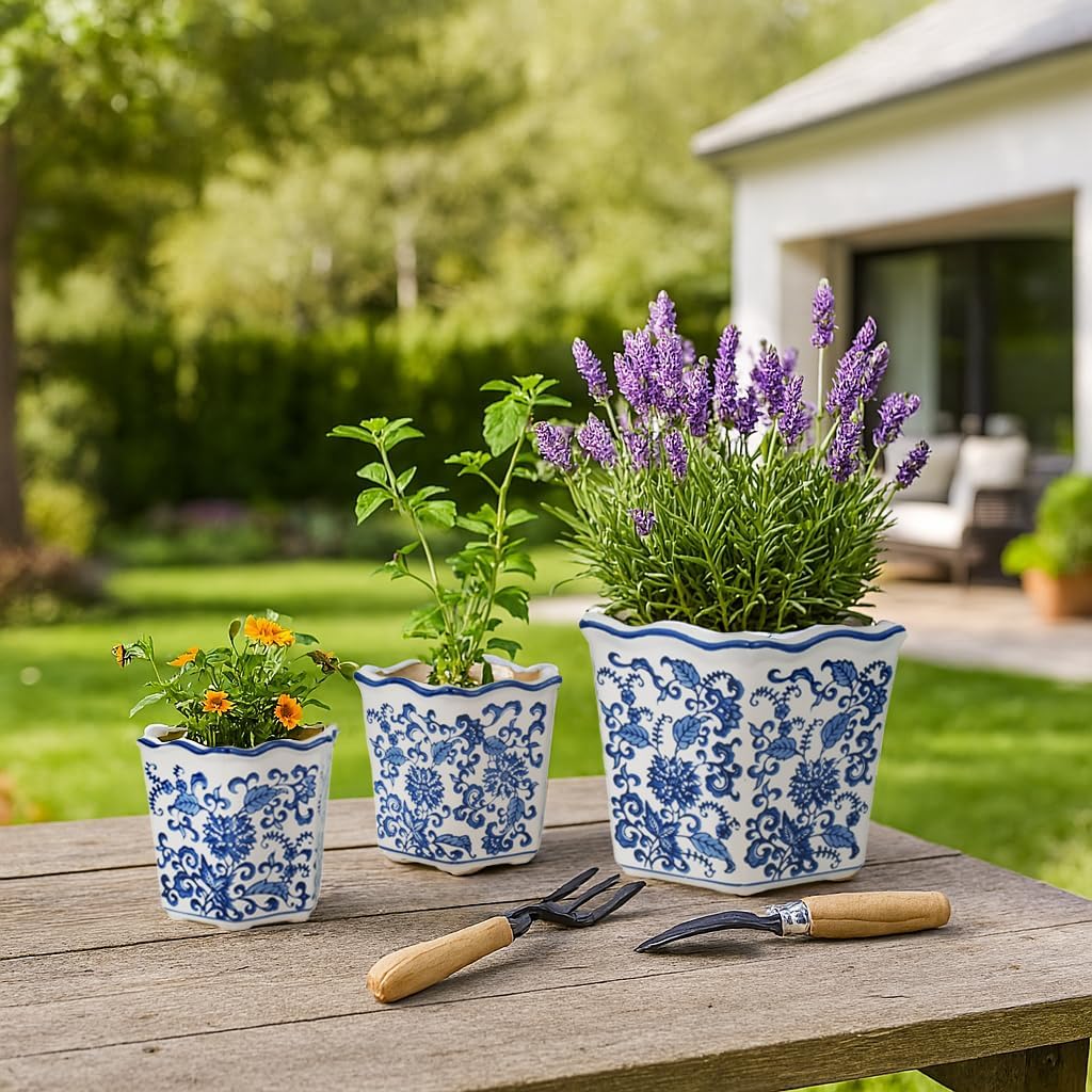 Home Decor Flower Pots and Planters – Intricate Pots with Floral Pattern for Indoor and Outdoor Plants - Vintage Plant Pots Great for Garden, Patio, or Room Decor Set of 3 – 9", 8", 7" Blue & White