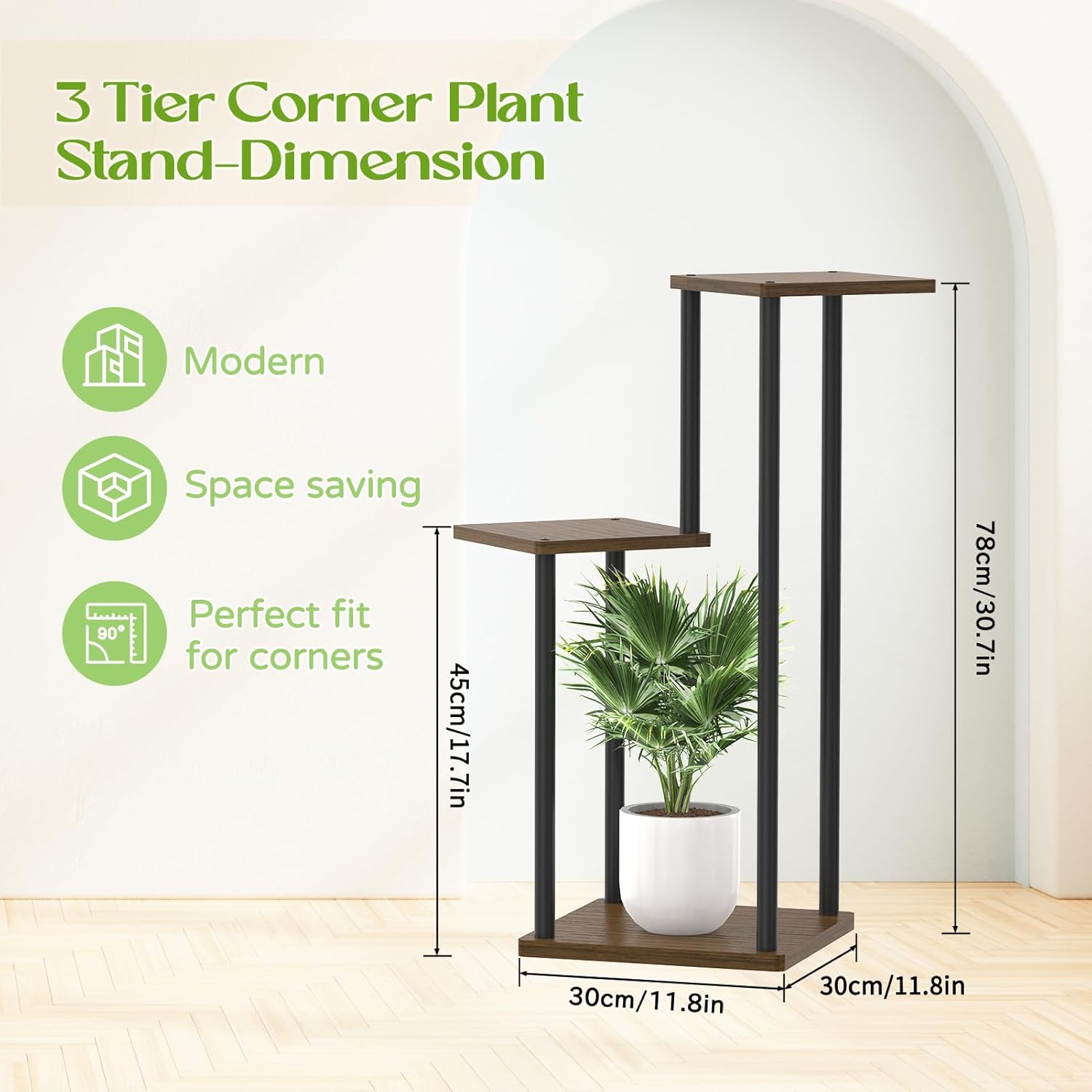 3 Tier Plant Stand Indoor Outdoor, Wood Metal Flower Shelf Pot Holder Clearance, Tall Multiple Plants Corner Rack Aesthetic Organizer for Patio Orchid Office Porch Living Room Garden, Black Oak