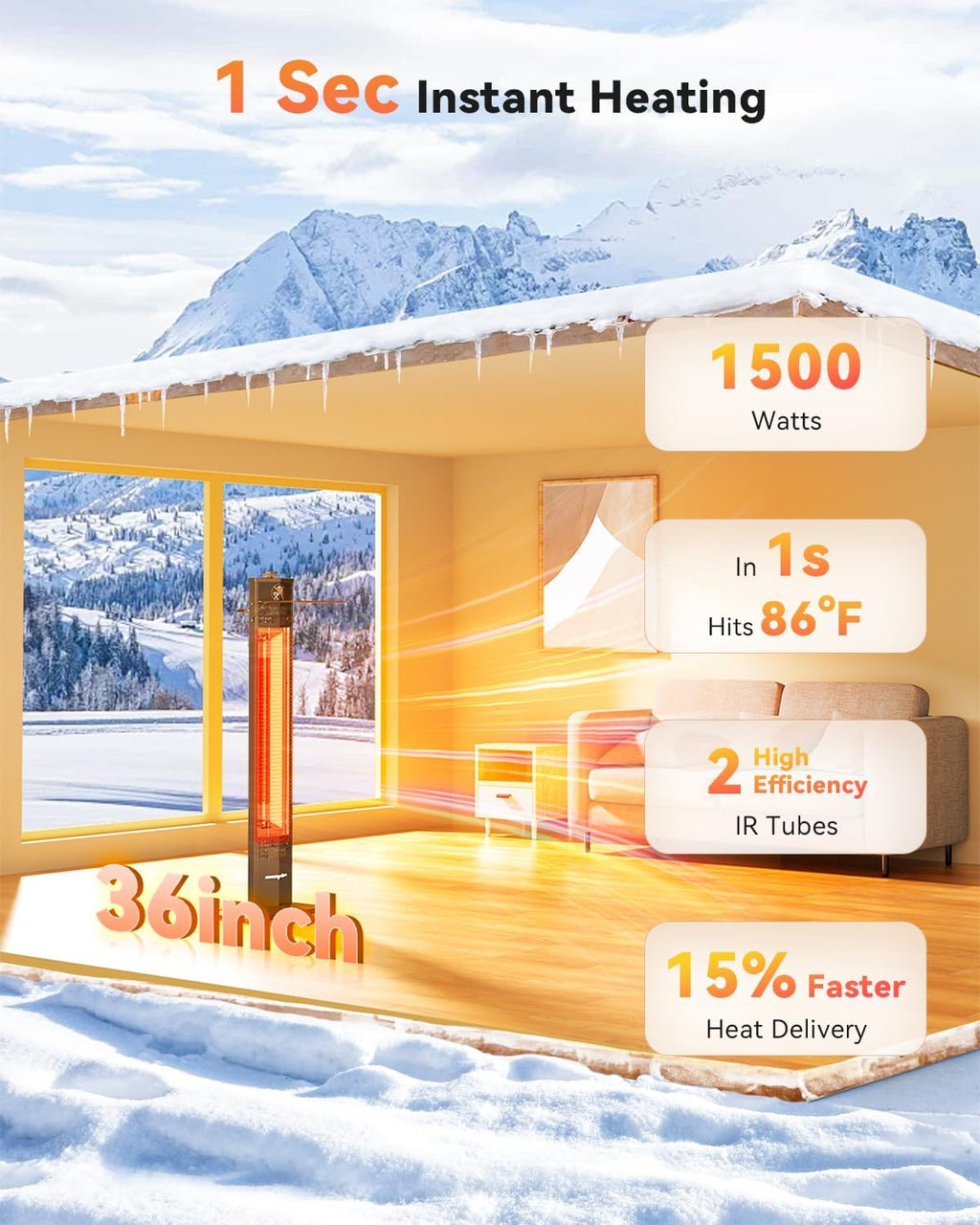 Patio Heater for Outdoor Use,1500W Infrared, 36 in Portable Tower Heater, 3 Levels, IPX5 Waterproof, Tip-Over&Overheat Protection for Garage, Indoor, Large Room, Backyard, Home