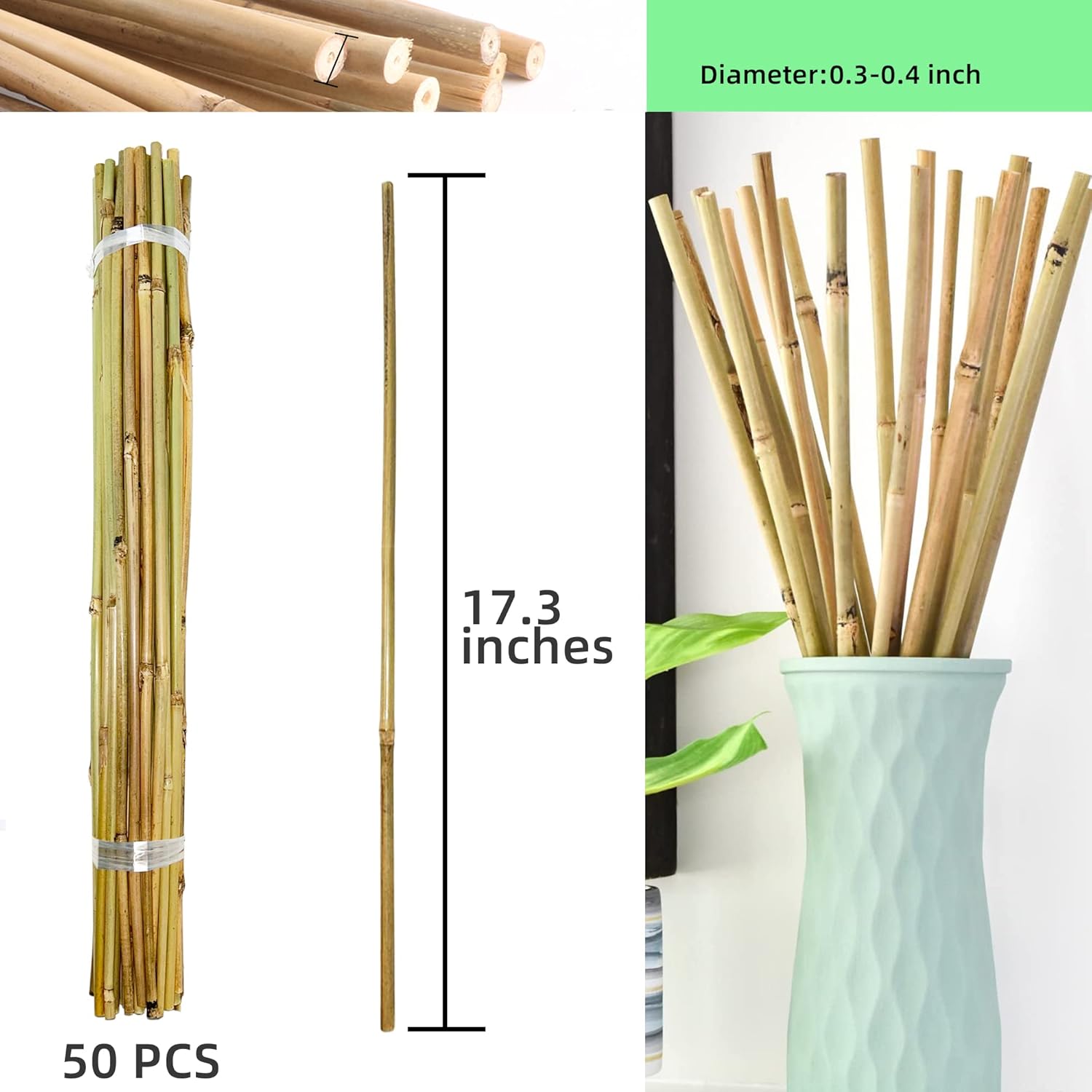 0.32”-0.4"/18Inch Garden Stakes, Natural Bamboo Sticks Plant Stakes for Indoor and Outdoor Plants，Poles for Tomatoes, Beans, Potted Plants(50Pcs)…