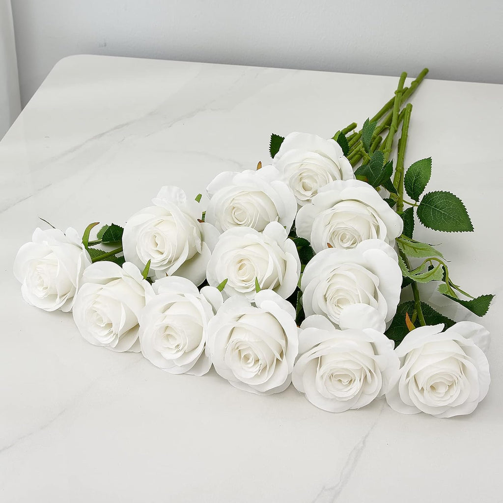 12pcs Roses Artificial Flowers Fake Roses White Silk Roses Flowers Rose with Long Stems for Wedding Home Party Centerpieces Decorations